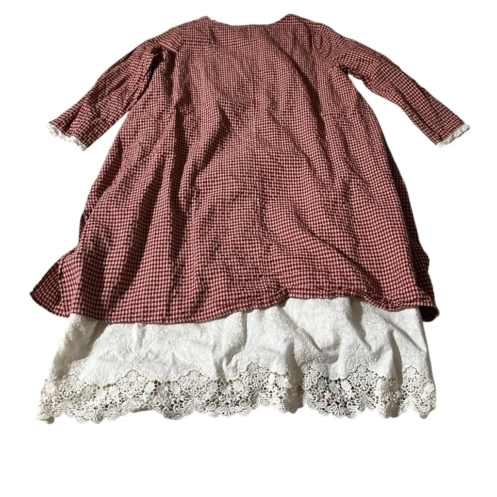 Red Gingham Long Dress with Lace Hem - Image 2