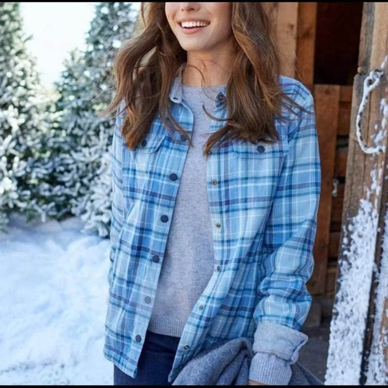 L.L. Bean Women’s Flannel Plaid Fleece Lined Shacket Small Blue - Image 3