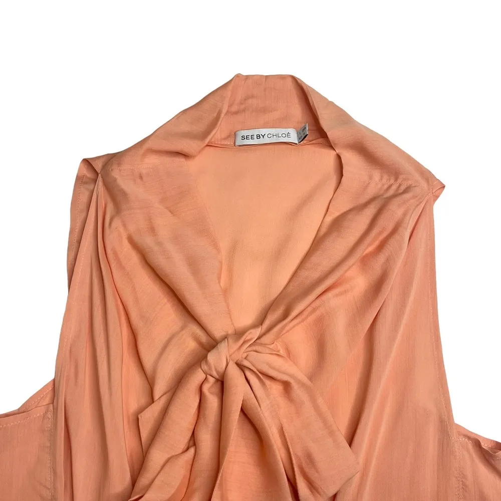 See by Chloe ༺ Pussy Bow Silk Viscose Crepon Sleeveless Ruffle Top ༺ Coral ༺ 6 - Image 6