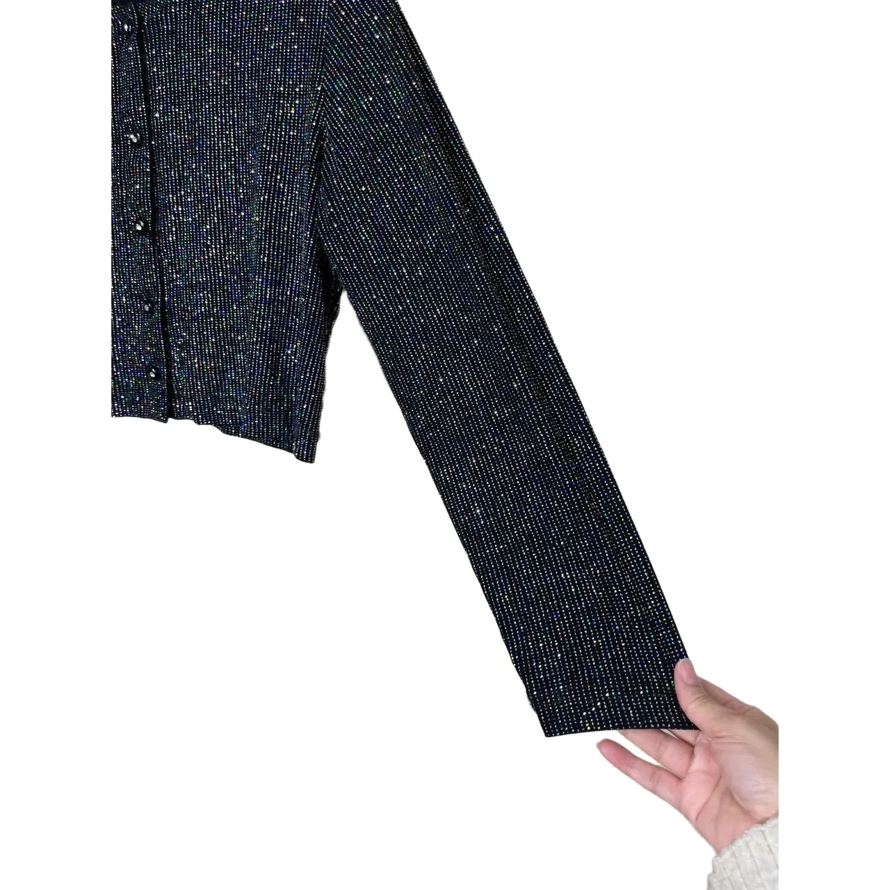 Ronni Nicole by Ouida Black Metallic Shimmer Button Up Cropped Cardigan 10P - Image 5