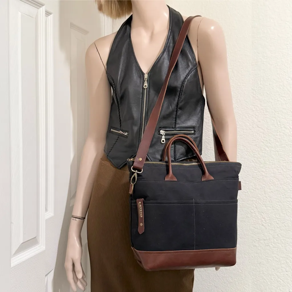 R. RIVETER Black Washed Canvas + Brown Leather Otto Tote Crossbody Bag - Image 7