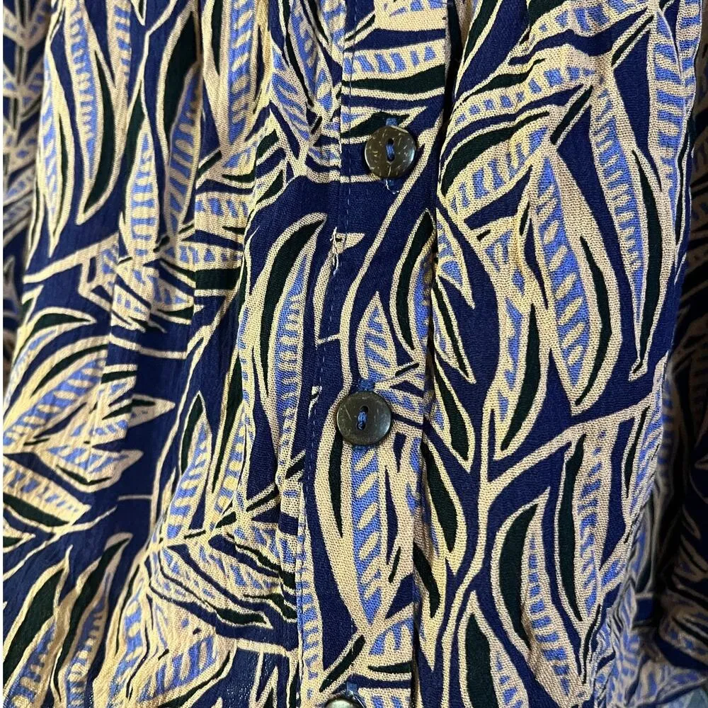 Avenue SIZE 26/28 Leaf Patterned Button Up Top Olivia Pintuck Shirt Blouse Blue - Image 11