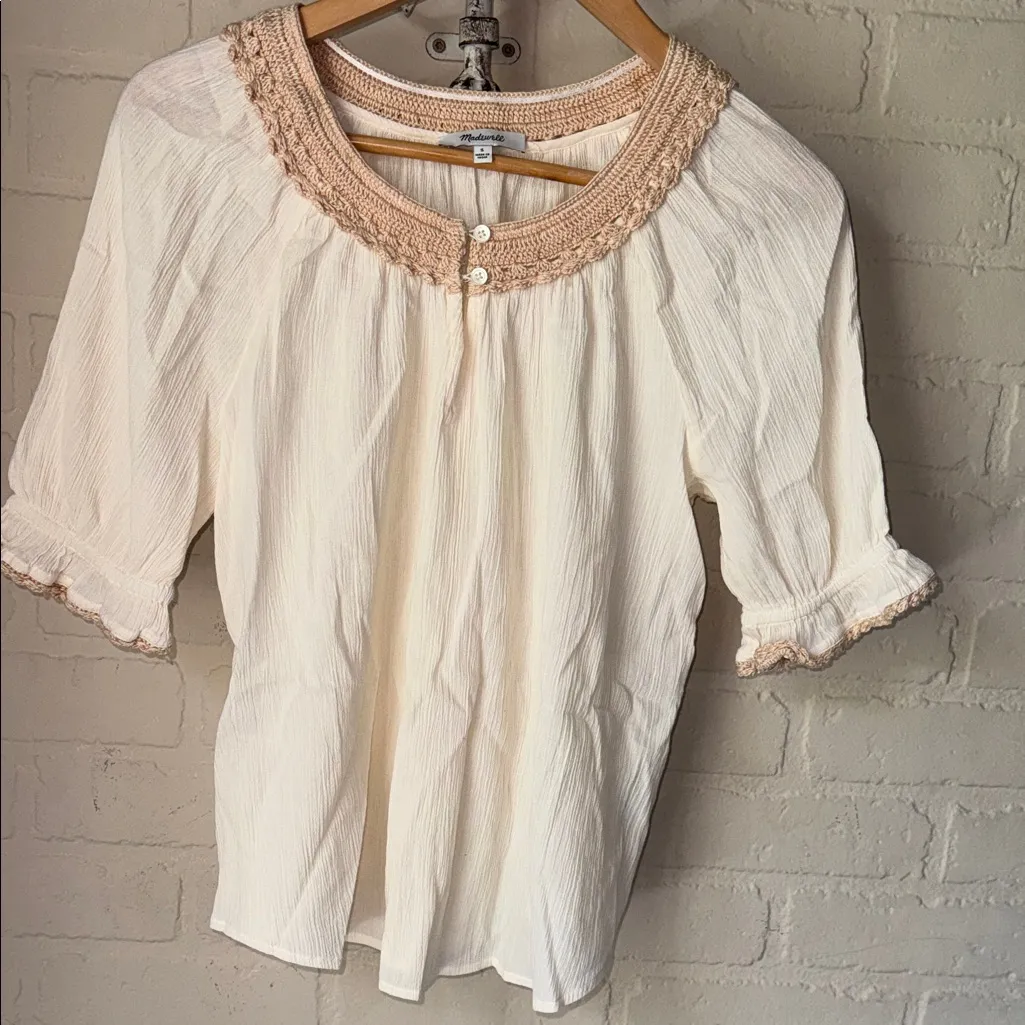 Madewell peasant blouse short sleeve crochet trim gauze cotton small - Image 3