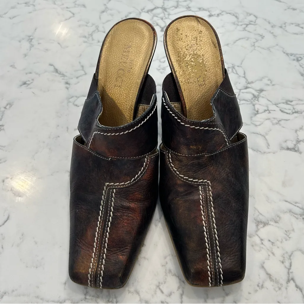 Sesto Meucci Rustic Leather Square Toe Short Heels Open Back Size 7.5 Narrow Brown - Image 3