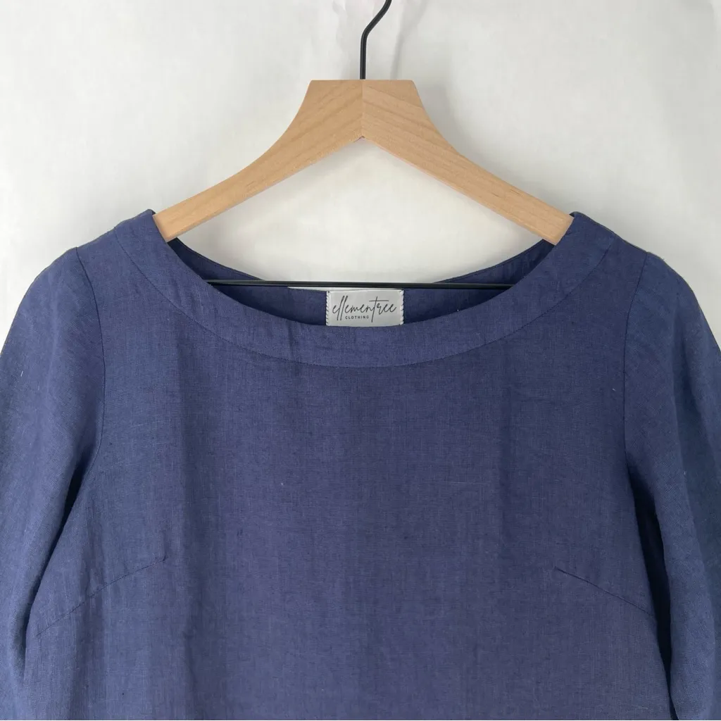 EllemenTree Navy Blue 100% Linen 3/4 Sleeve Knee Length Shift Dress Pockets S - Image 2