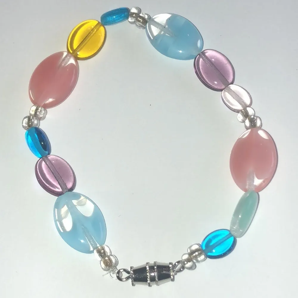 Blue Purple Yellow Pastel Glass Beads Beaded Boho Bracelet - Image 2