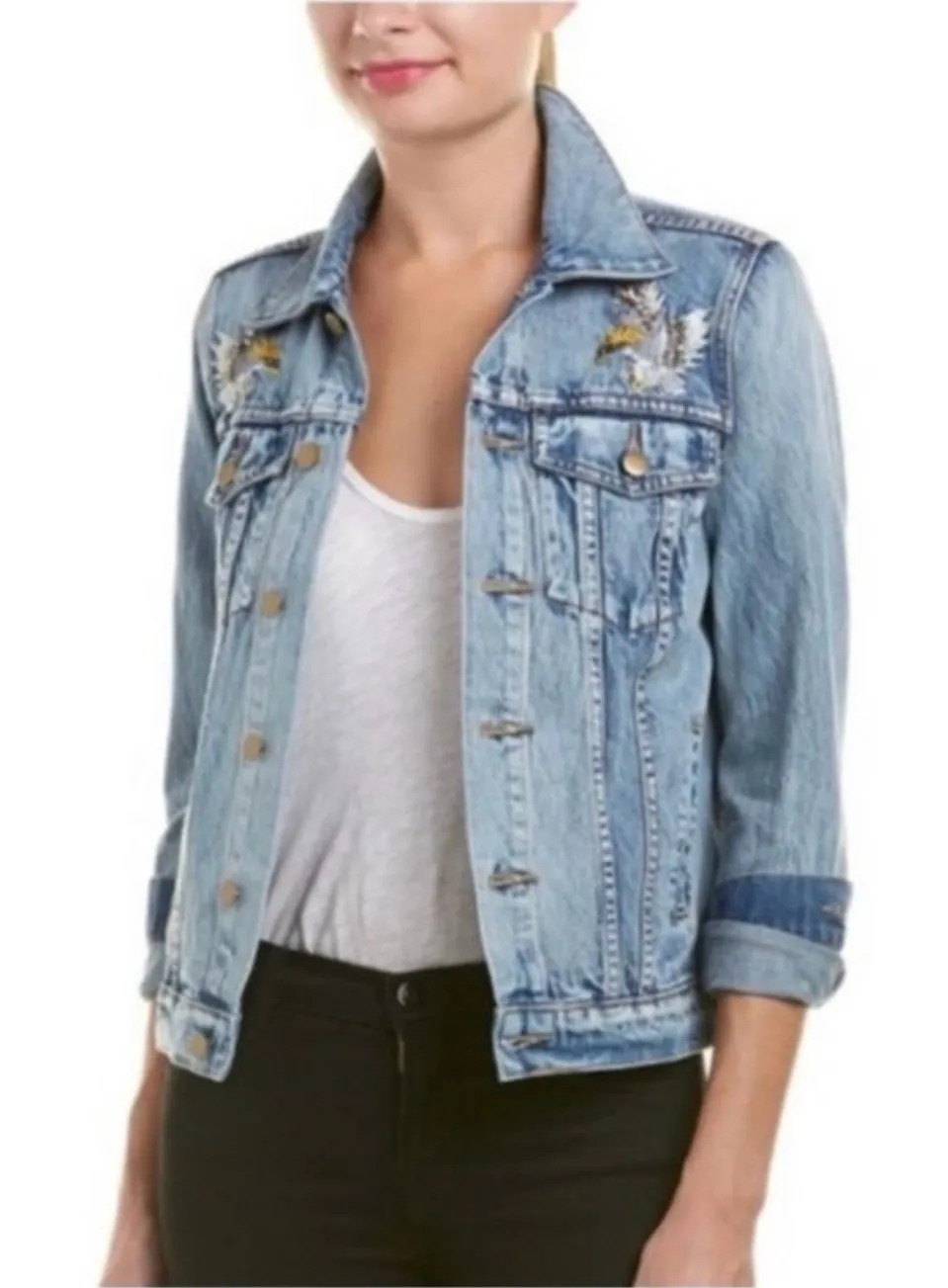 Pam & Gela Statement Denim Embroidered Jacket with Rhinestone Eagles Size Small - Image 1