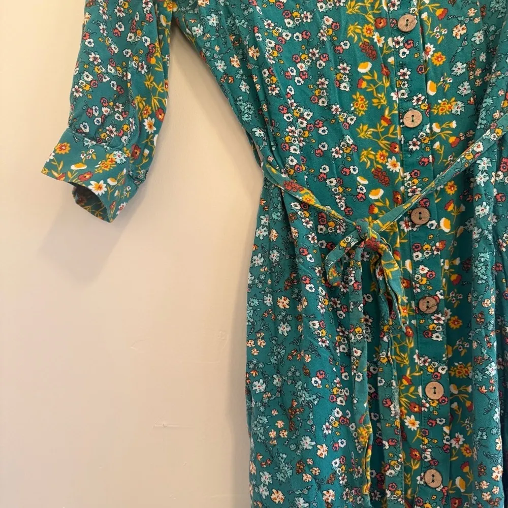 Vertiche women midi mini dress 3/4 sleeve casual tie belt Floral Teal Dress S Green - Image 4