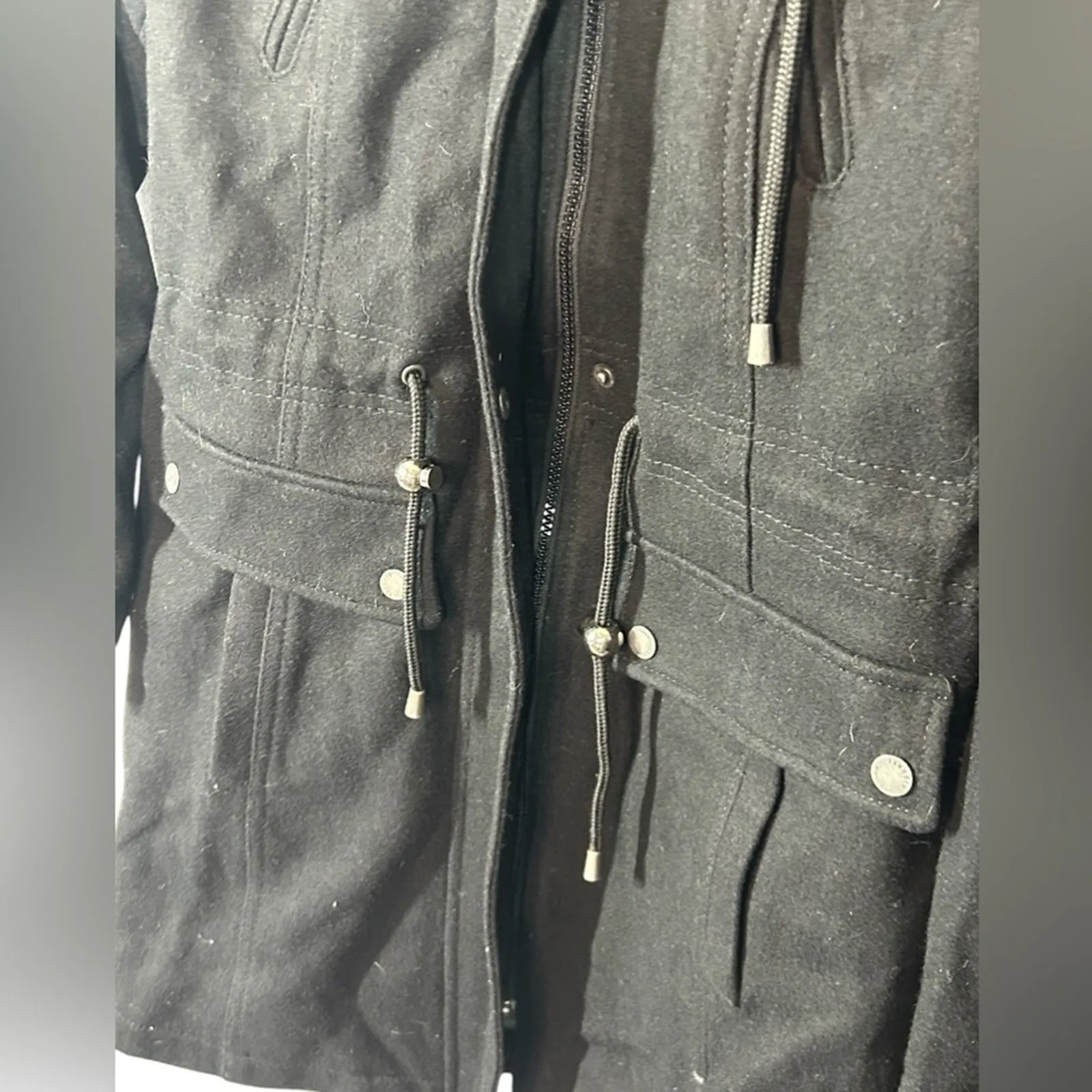 Laundry by Shelli Segal Black Wool Trench Coat Size 8 Removable Fur Hood - Image 7