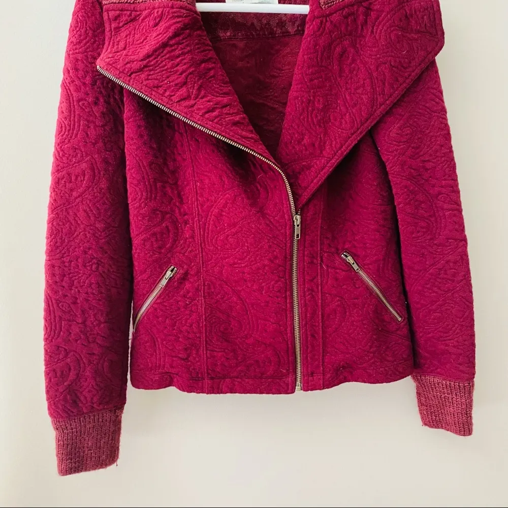Saturday Sunday by Anthro. Loden Jacquard Moto Jacket Burgundy Sz XS - Image 3