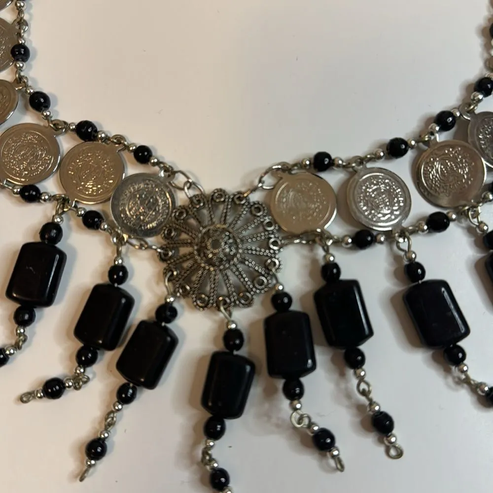 OOAK Handcrafted Multimedia Black/Silver Statement Necklace Lobster Clasp - Image 3