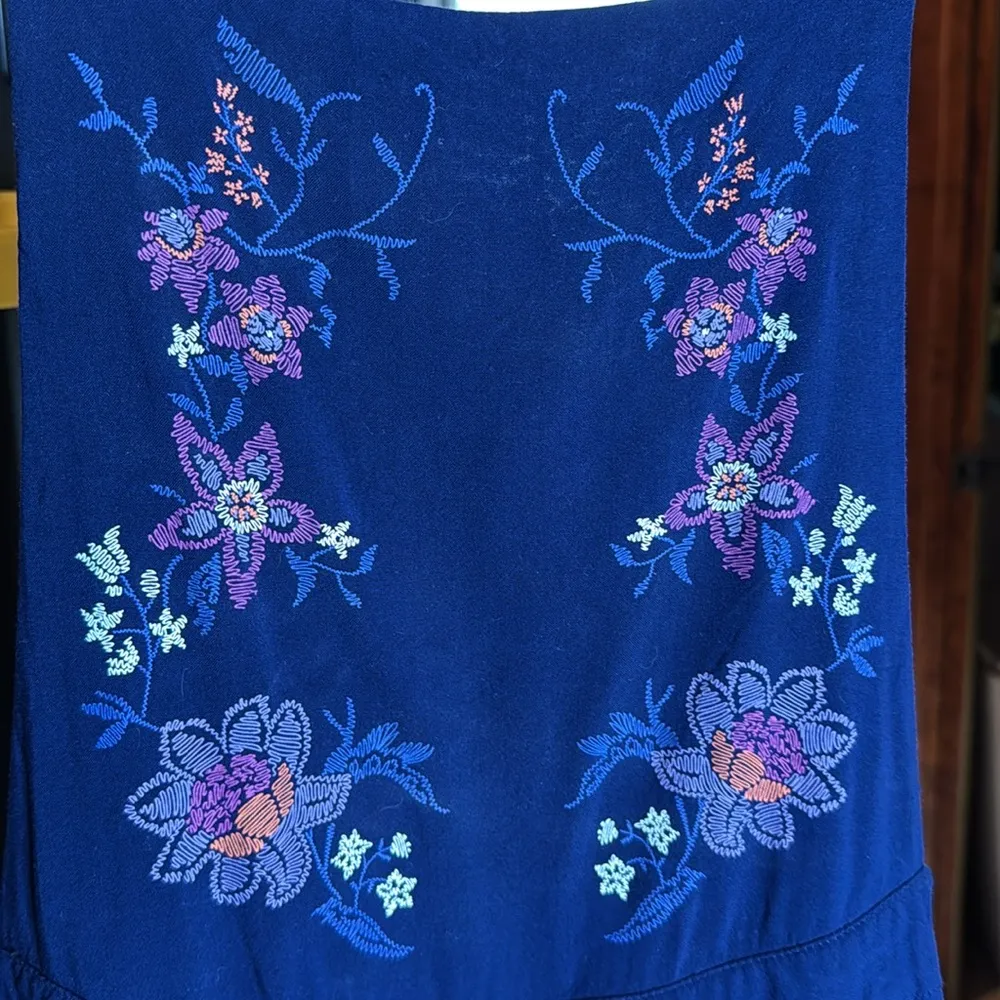 H&M Navy Blue Floral Embroidery Design Bib Summer Romper Playsuit Size 8 - Image 5