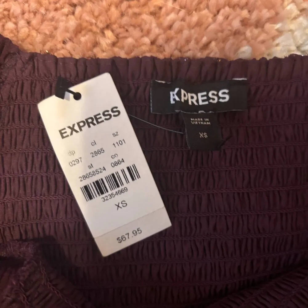 NWT $68 EXPRESS Smocked Top Sheer Burgundy Puff Sleeves w/ Shoulder Pads Sz XS - Image 3