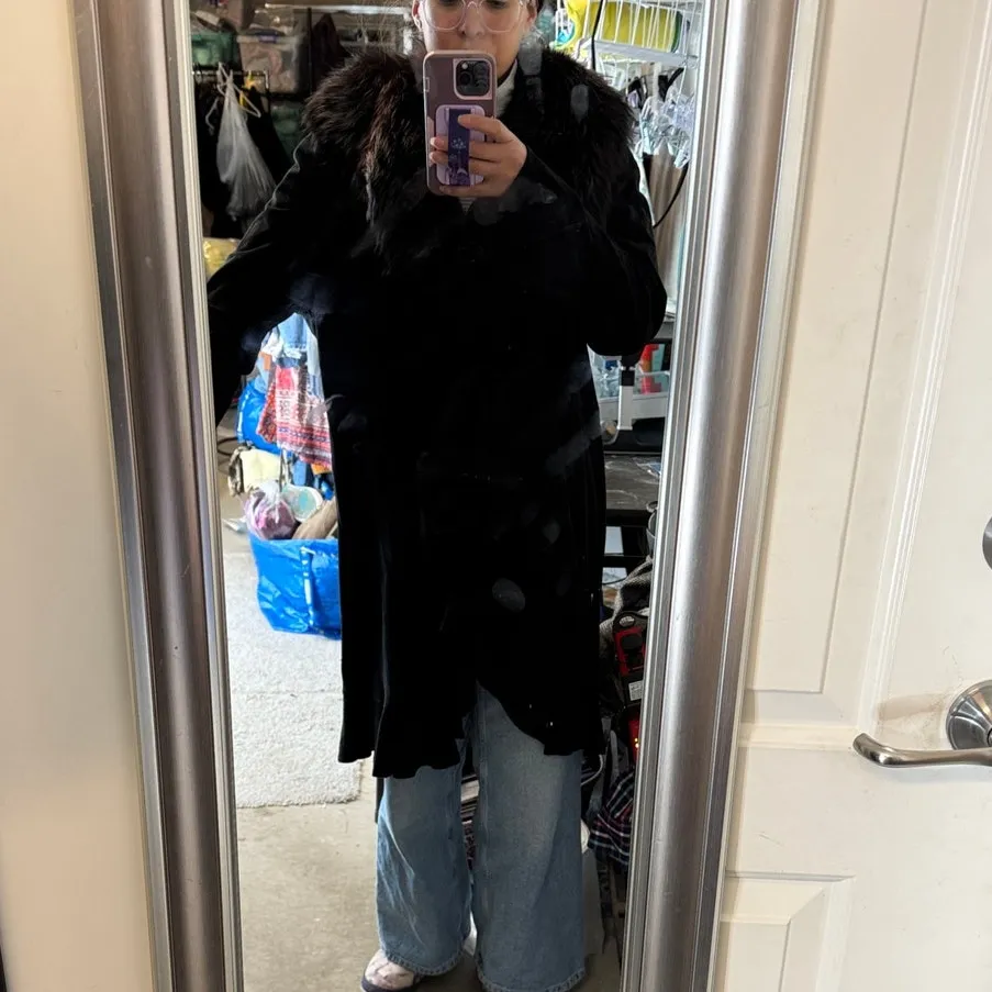 Vintage suede fur collar long coat size L western NFR skijoring cabin whimsigoth Black Size L - Image 12