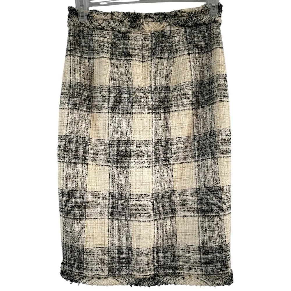 The Fold London Black Beige Tweed Plaid Midi Fringe Pencil Skirt Women’s Size 6 - Image 2