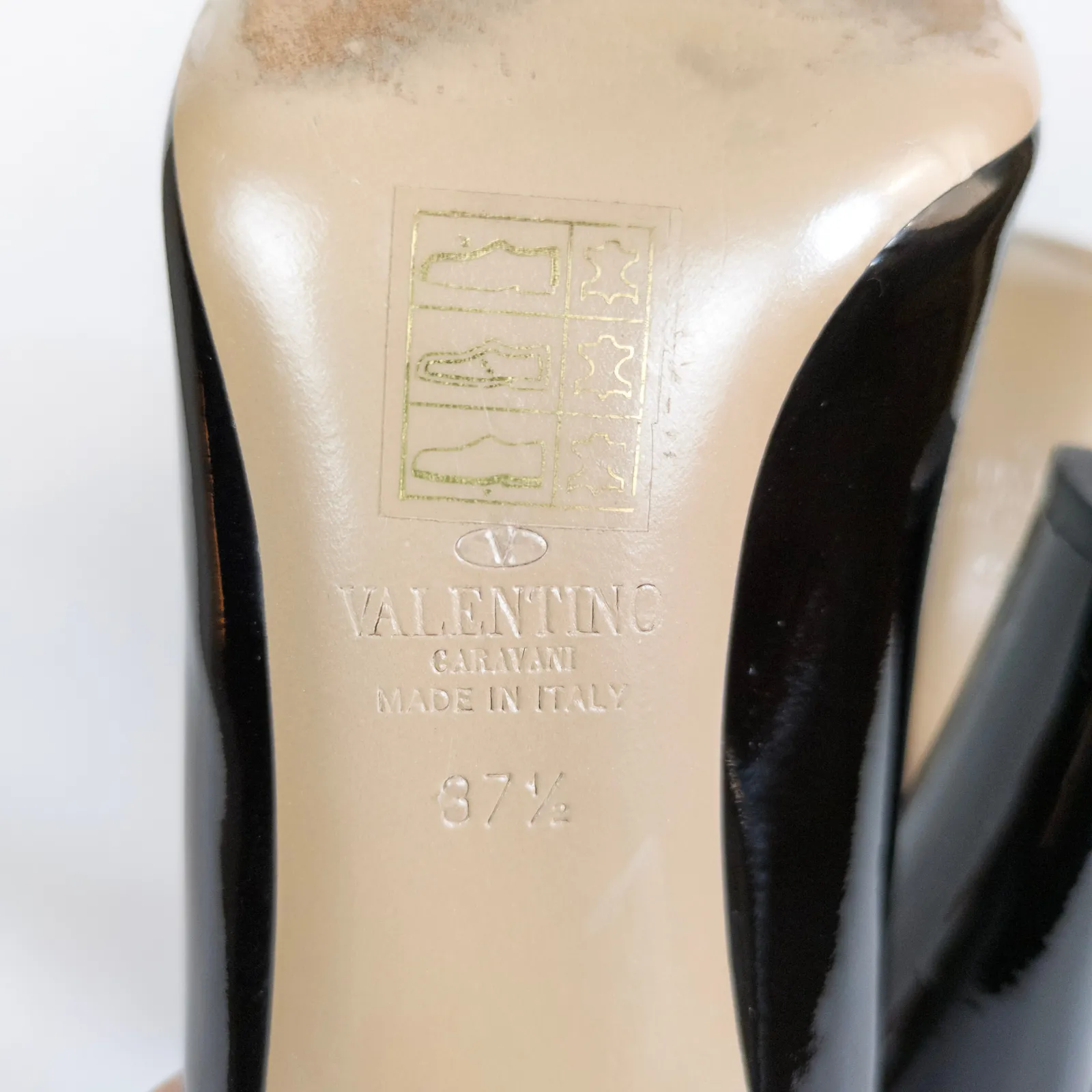 VALENTINO Garavani Black Patent Leather Peep Toe Bow Pump Rockstud Women's 37.5 - Image 10