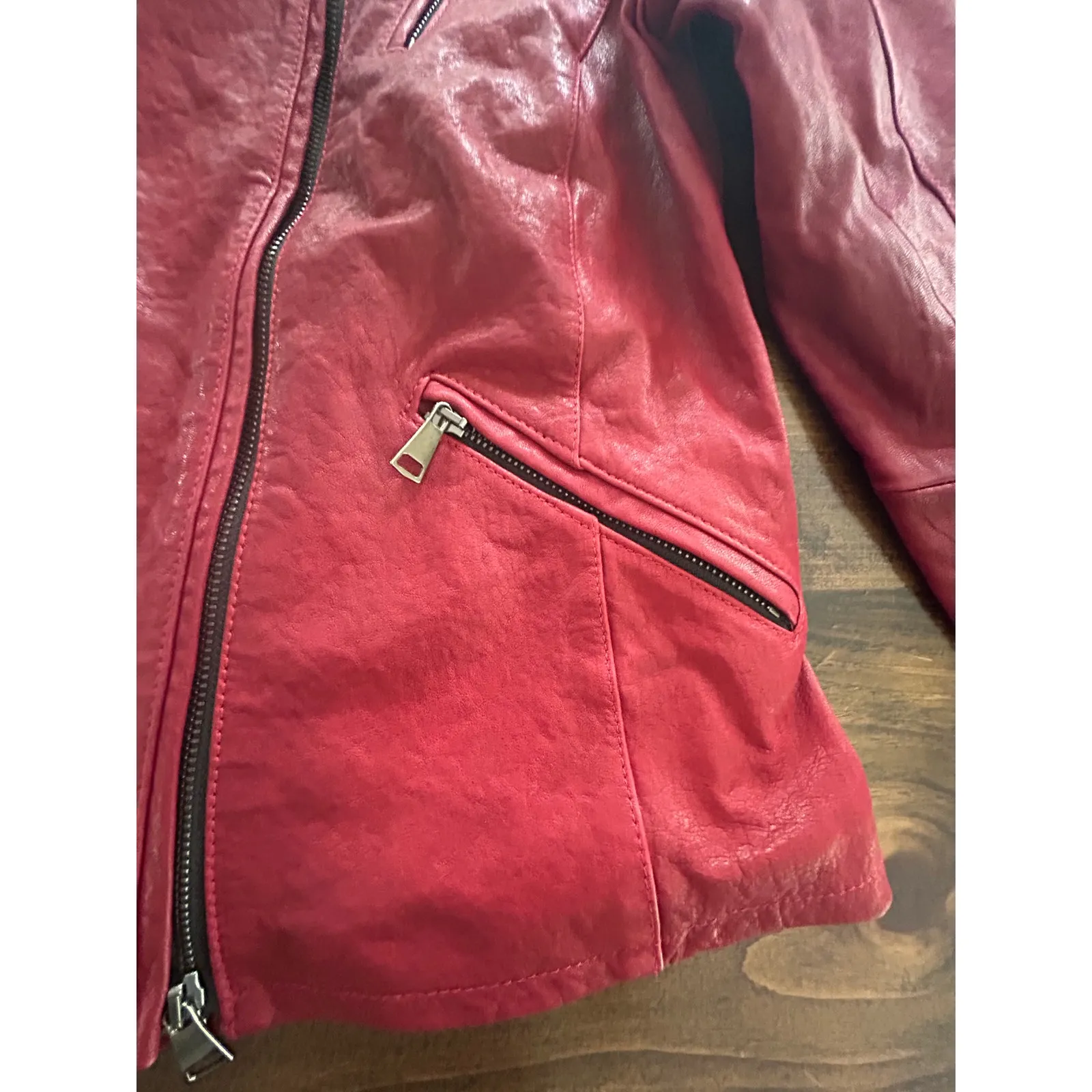 Vera Pelle Italian Genuine Red Leather Moto‎ Jacket Coat Women's Long Sleeve - Image 3