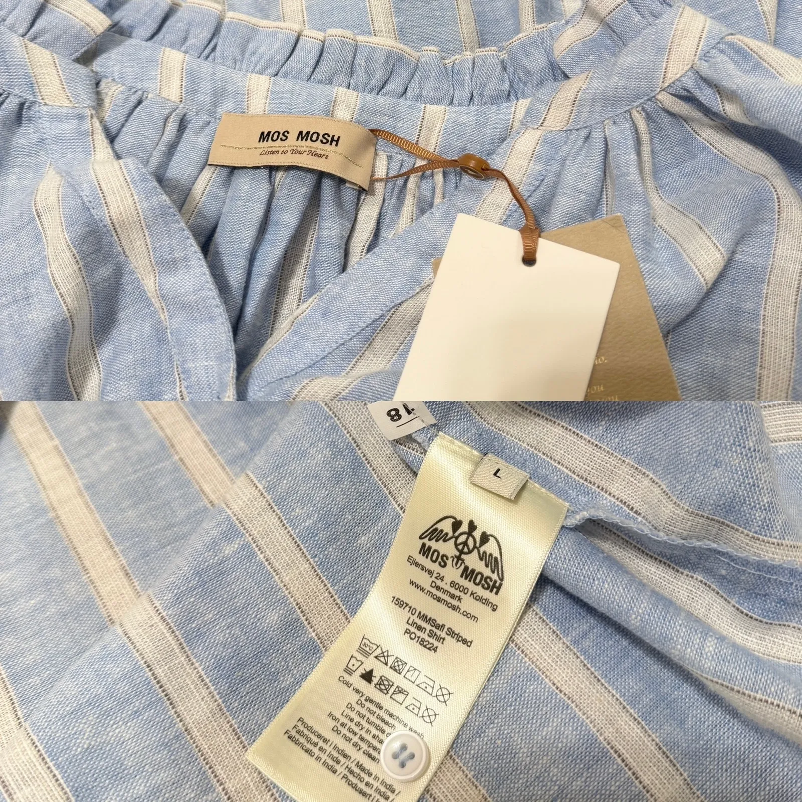 MOS MOSH MMSafi Striped Linen Shirt Balloon Sleeve Blue/Cream size Large NWT Blue - Image 5