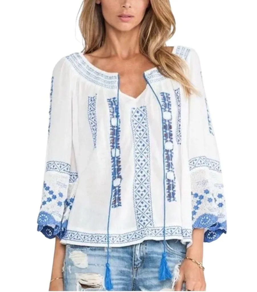 Free People Silver Spring Blue and White Embroidered Crochet Boho Blouse XS - Image 2