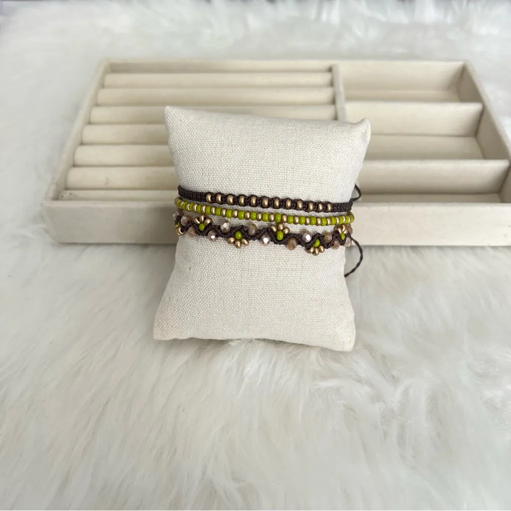 Handmade Macrame Brown and Green Beaded Bracelet Set - Image 6