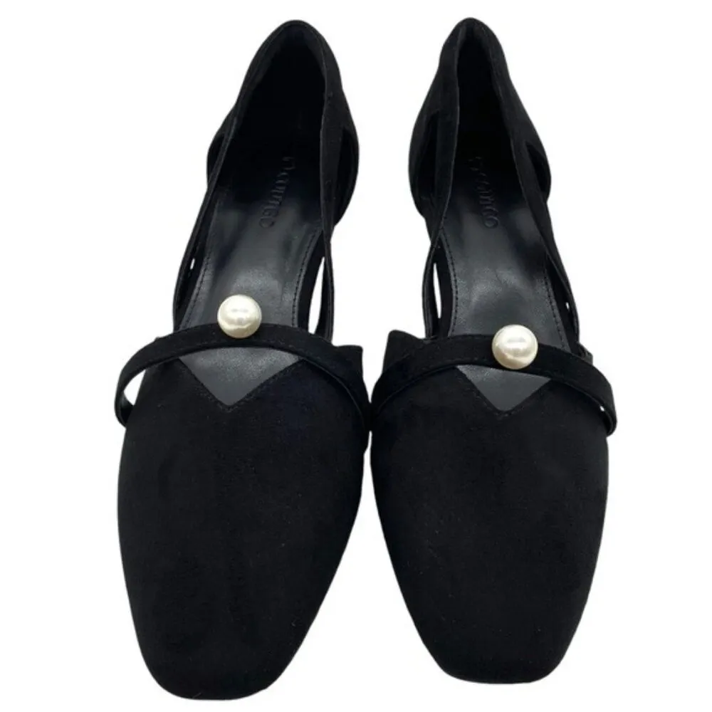 Coutgo Womens Kitten Heel Square Toe Black Faux Suede Pearl Accent Size 7.5 - Image 4