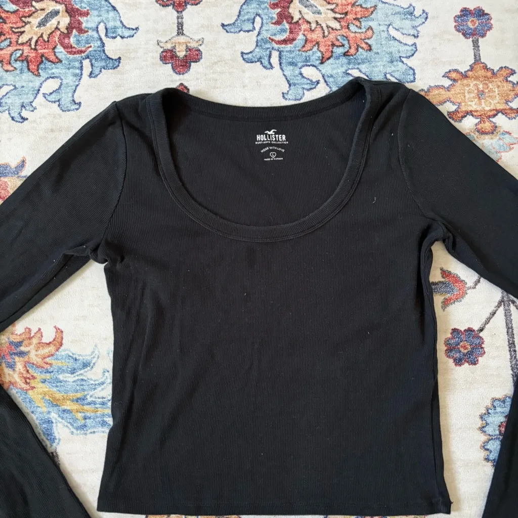 Hollister Black Ribbed Scoop Neck Long Sleeve T-Shirt Basic Large - Image 2