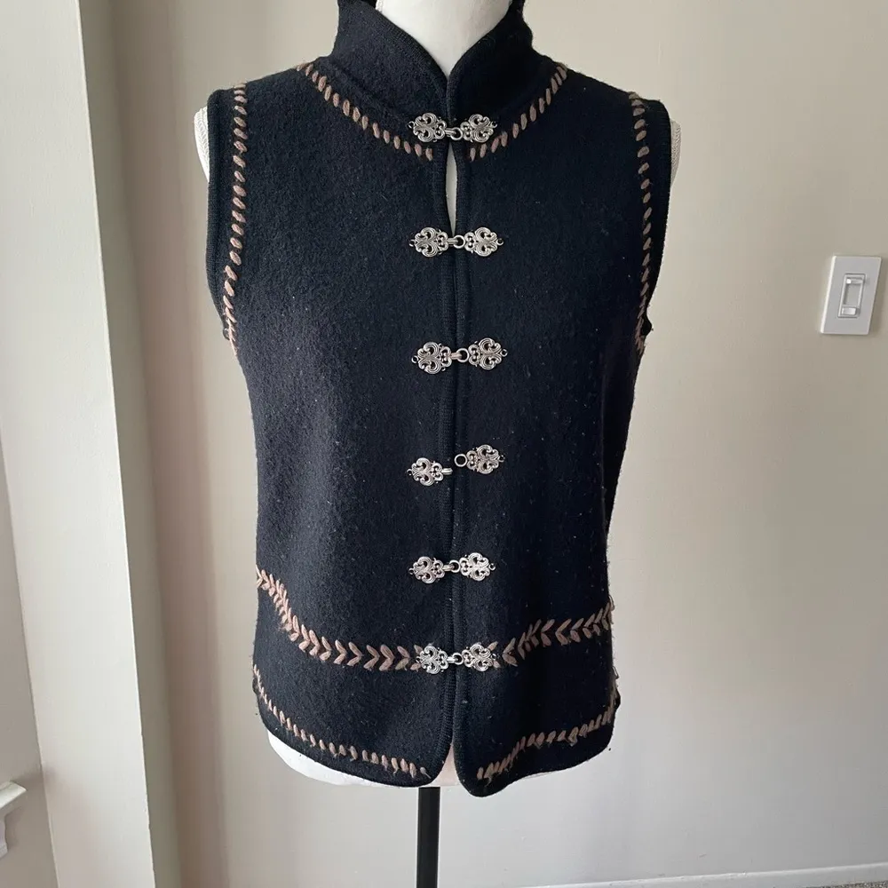 Vintage Tully 100% Wool Vest With Embroidery On Neck, Sleeves and Hem Black - Image 2