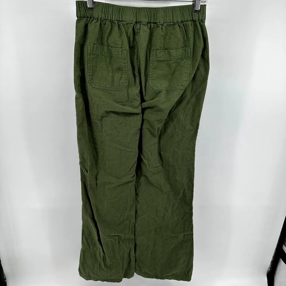 Roxy Oceanside Pants Linen Cotton Loose Straight Pockets Zip Viney Green M 30x32 - Image 6