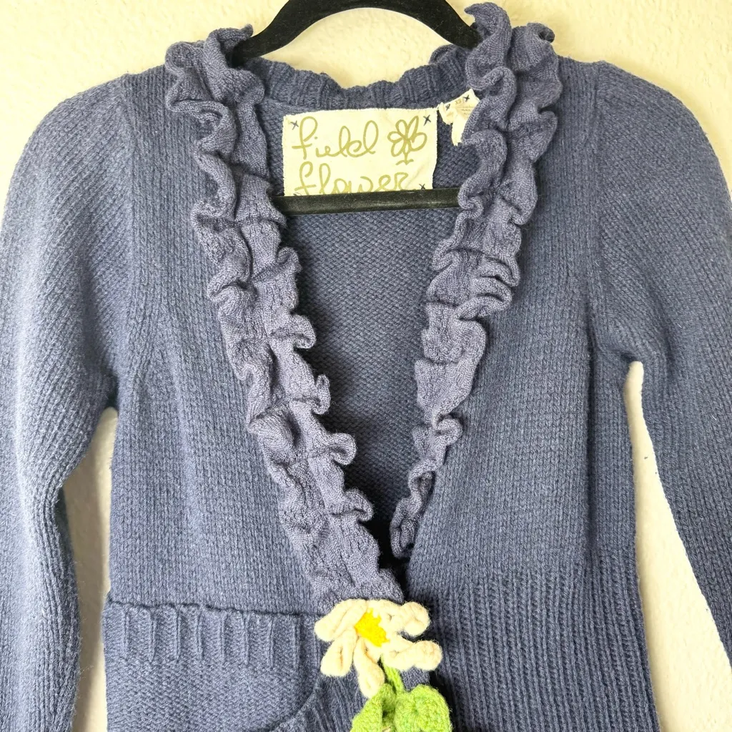 Anthropologie Field Flower Navy Blue Lambswool Cashmere Cardigan Size XS - Image 3
