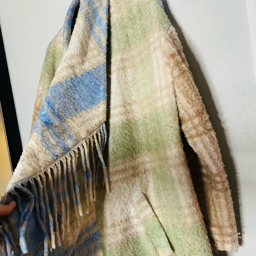 CINQ A SEPT Lita Fringe Plaid Green Off-White Wool Duster Coat Size Medium - Image 10