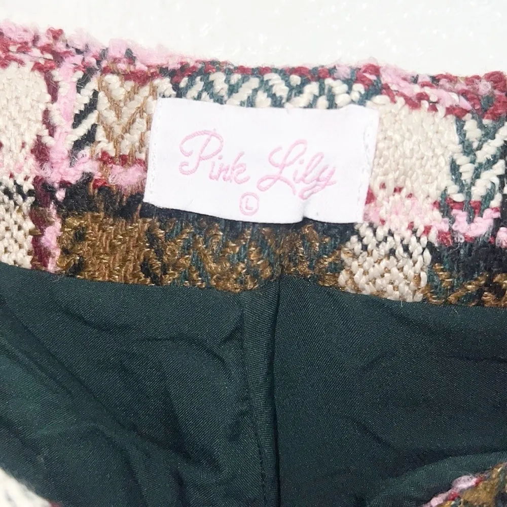 Pink Lily Green Pink Tan White Zip And Hook Closure Plaid Tweed Skort - Image 7