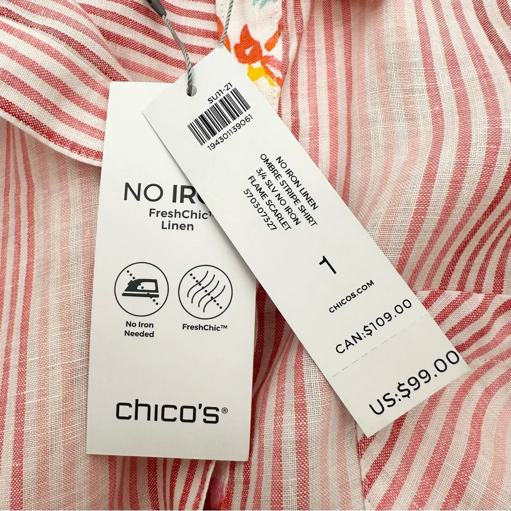 Chico’s No Iron Linen Ombre Stripe Shirt 3/4 Sleeve in Flame Scarlet - Image 8
