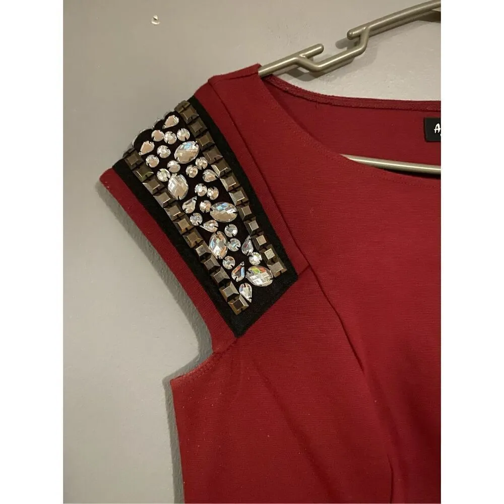 Allen B Schwartz Burgundy Red Gemstone Jewel Bedazzled Shoulder Party Dress Smal Red - Image 4