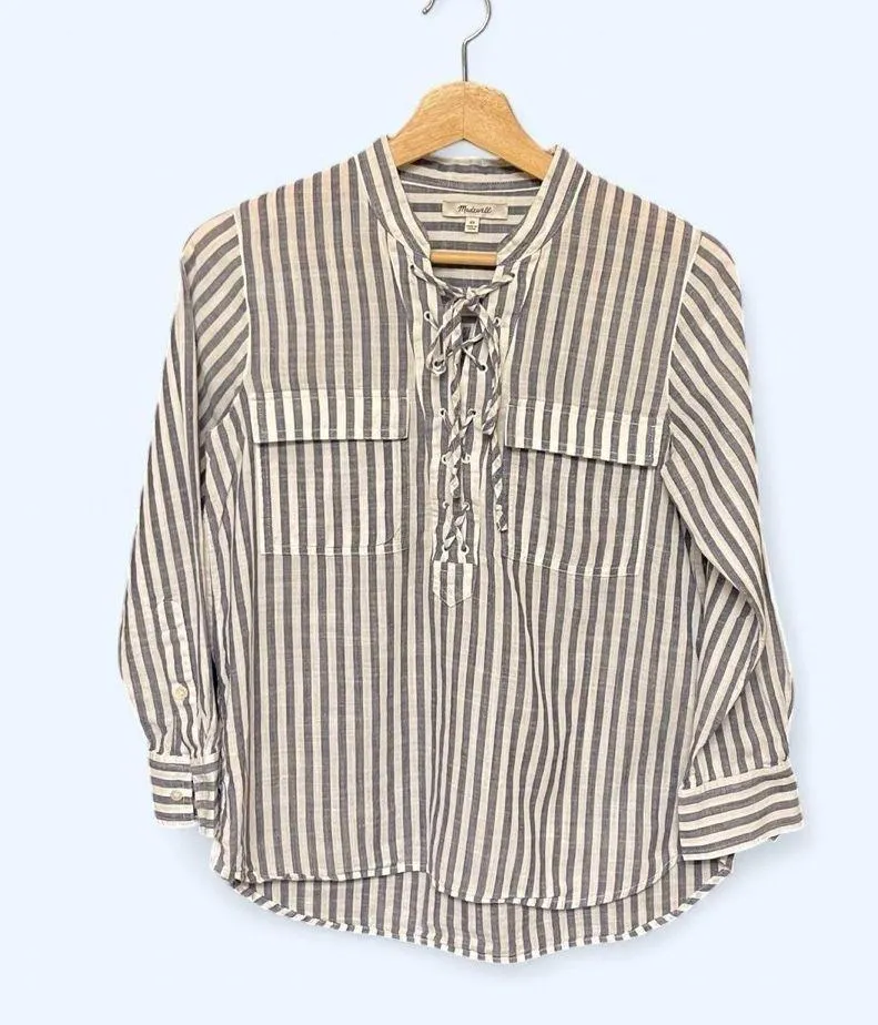 Madewell Women’s Blue and White Striped Lace-up Tunic Size XSmall - Image 2