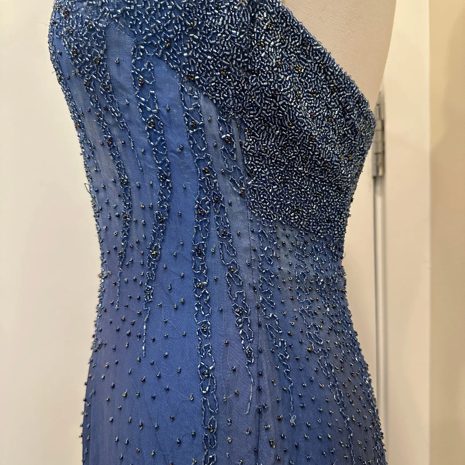 Vintage Y2K Silk Beaded Ombre Blue Halter Maxi Gown Mermaid Fairy Hoco Prom Glam - Image 7