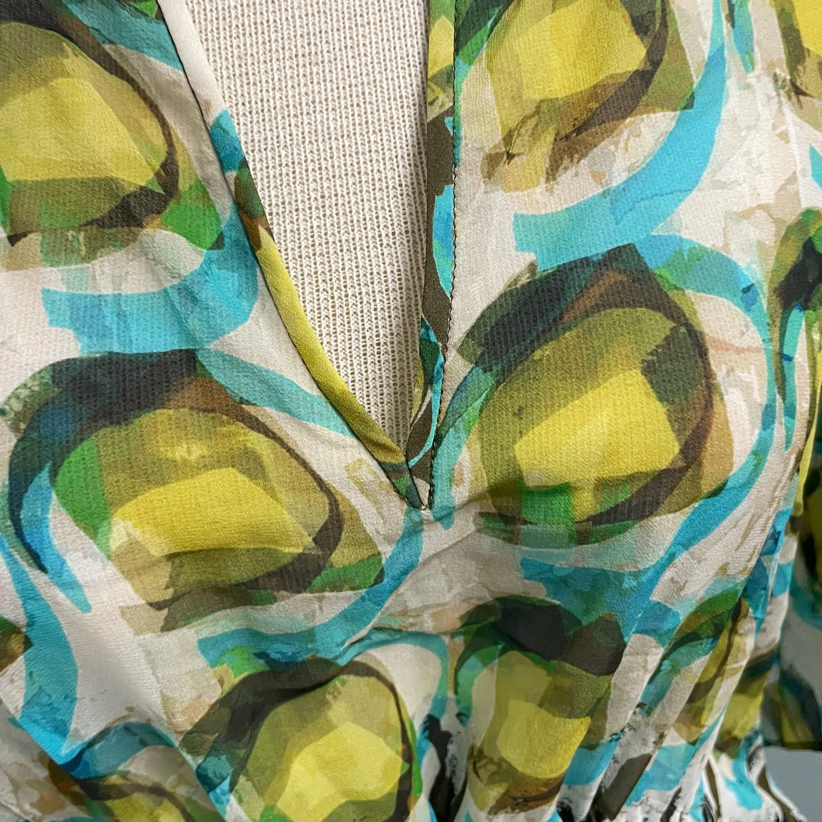 Lafayette 148 Silk Top Size Medium Sheer Abstract Eclectic Abstract Art To Wear Green - Image 3