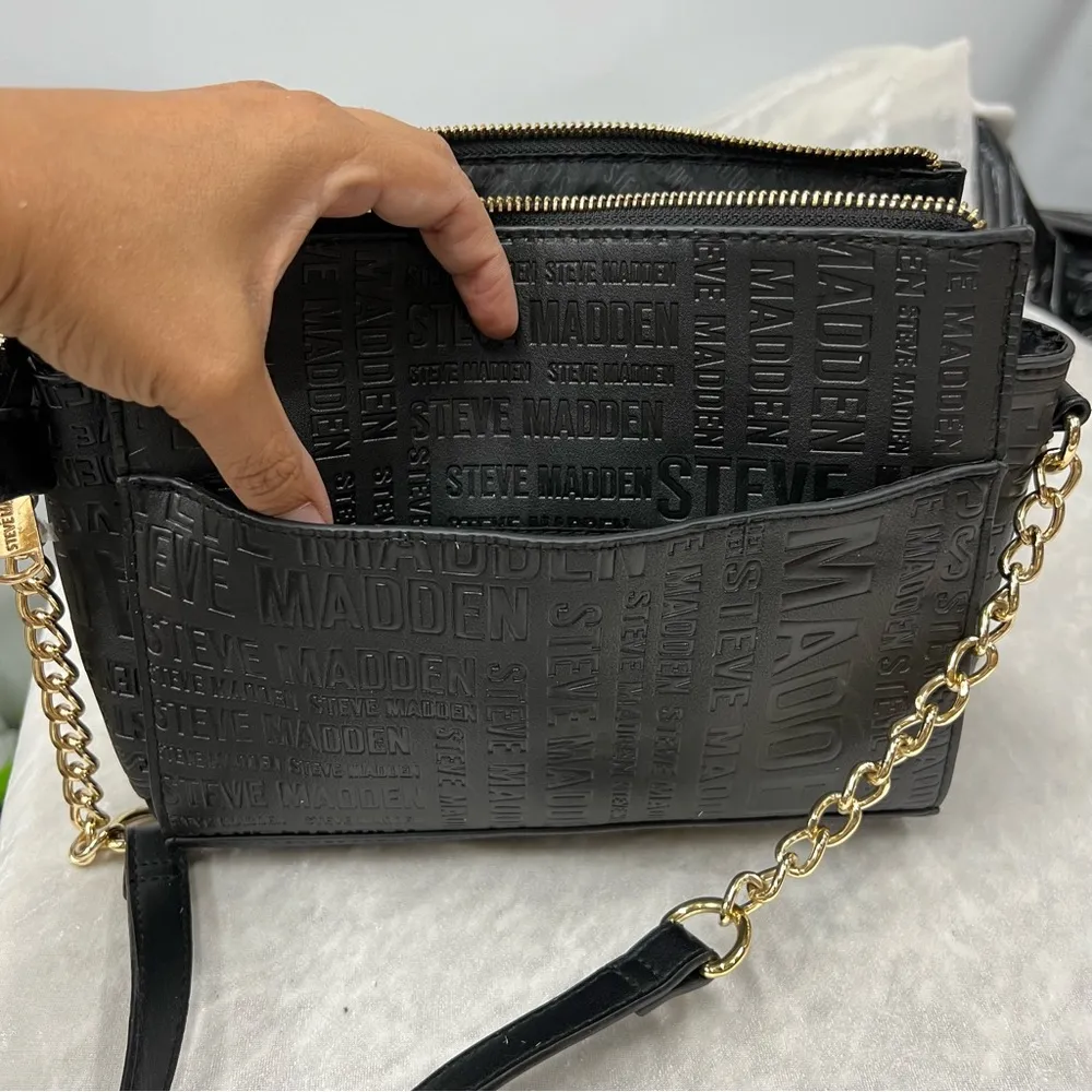 Steve Madden Black Floral Logo Printed Chain Strap Crossbody Roses Shoulder Bag - Image 2