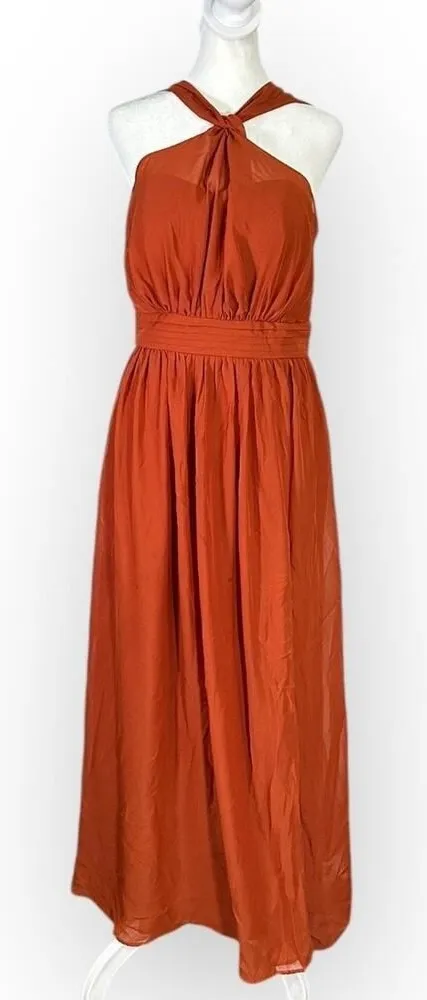 Birdy Grey Maxi Dress Women's Medium Rust Orange Tie Back Halter Sleeveless - Image 1