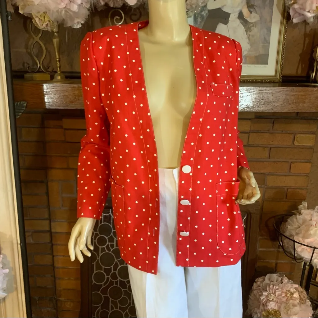 VINTAGE 1980'S LESLIE FAY RED & WHITE POLKA DOT COTTON JACKET (10) - Image 5