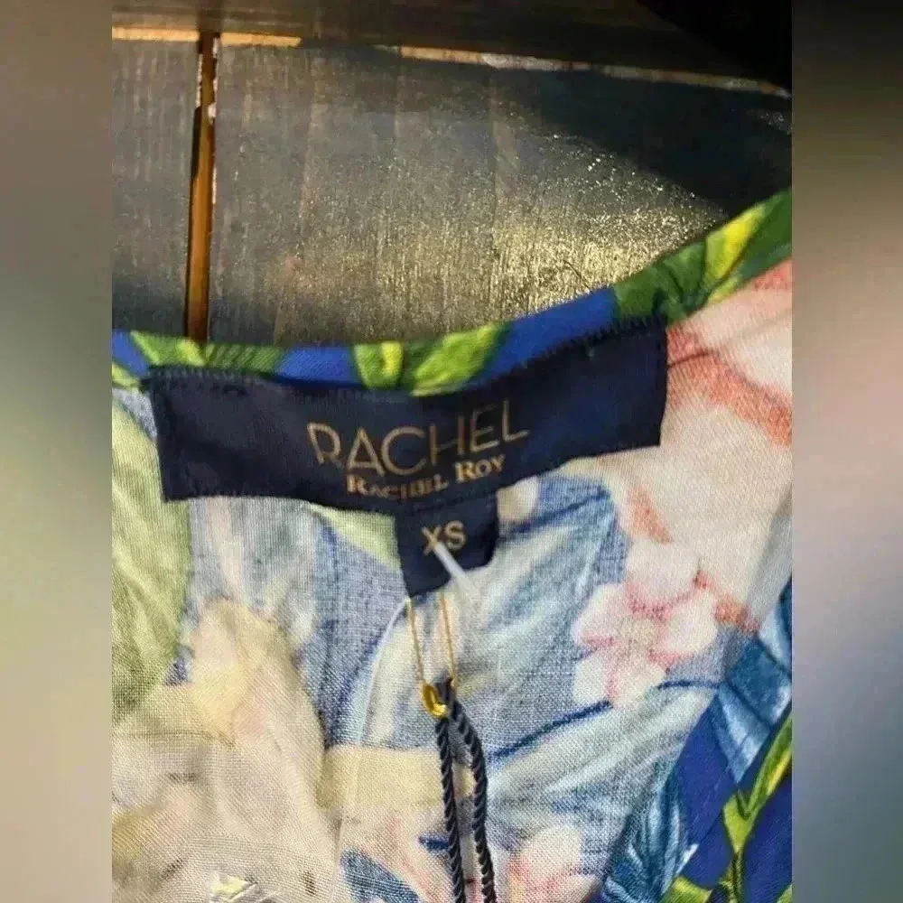 Rachel Roy Tropical Floral Print Cap Sleeve Blouse Summer Top Navy Yellow XS D17 - Image 2