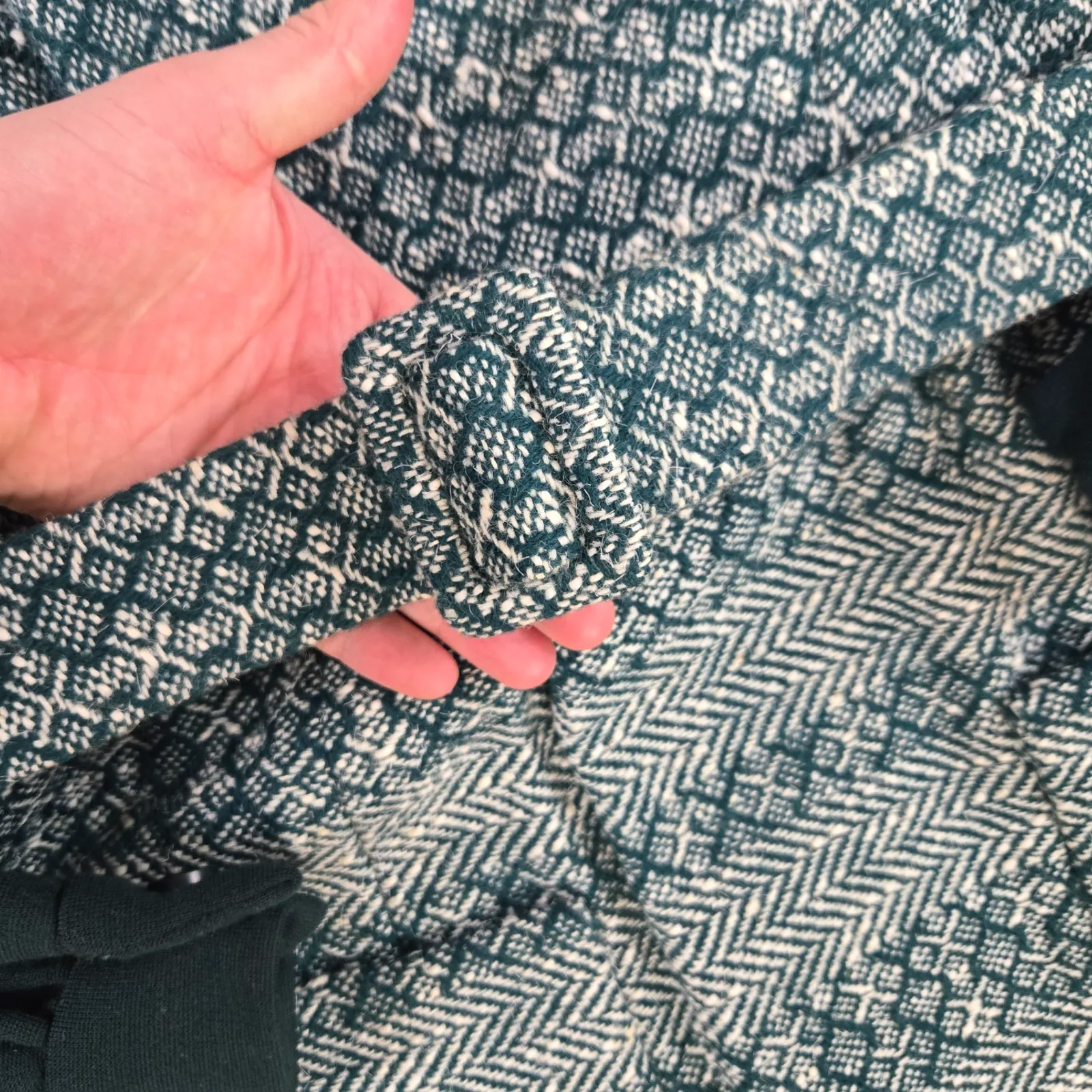 Vintage 70s Green White Tweed Jumper Turtleneck Belted Cottage Dress Size Small - Image 4