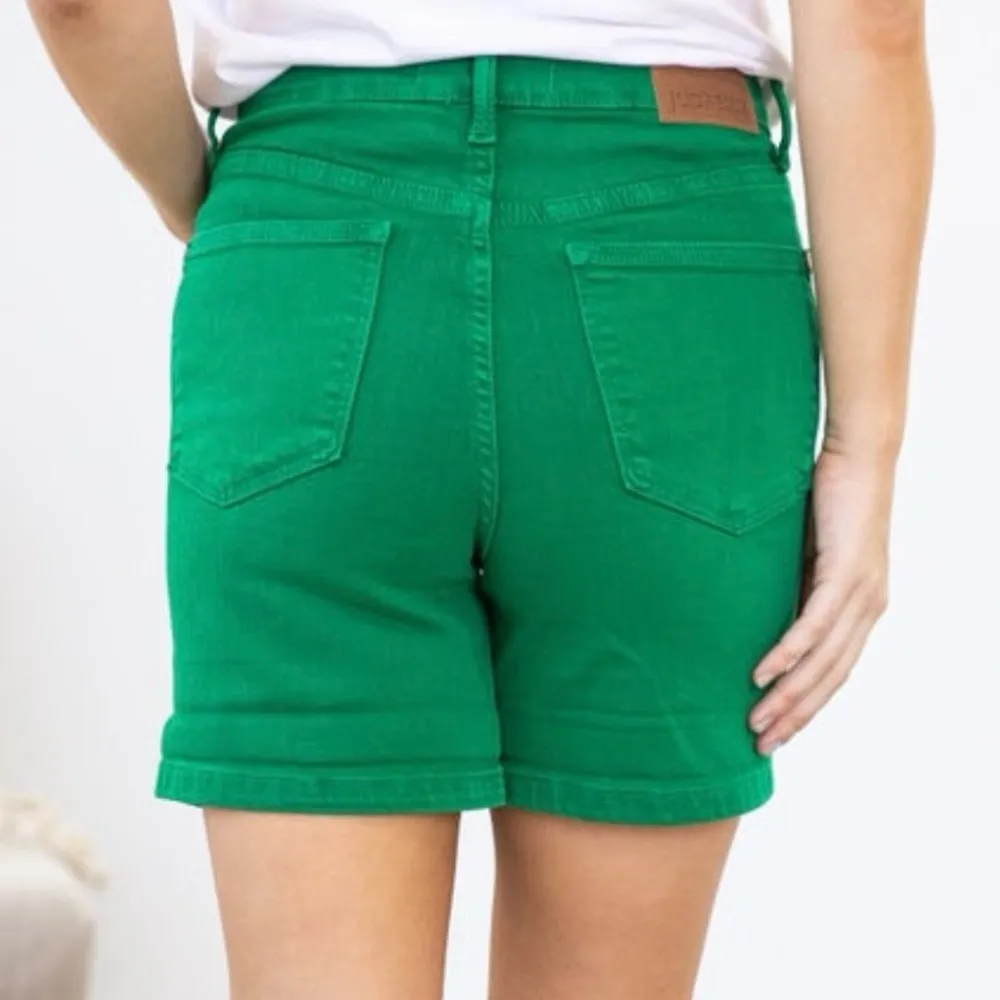 JUDY BLUE High Rise Green Garment Dyed Tummy Control Denim Shorts Medium - Image 2