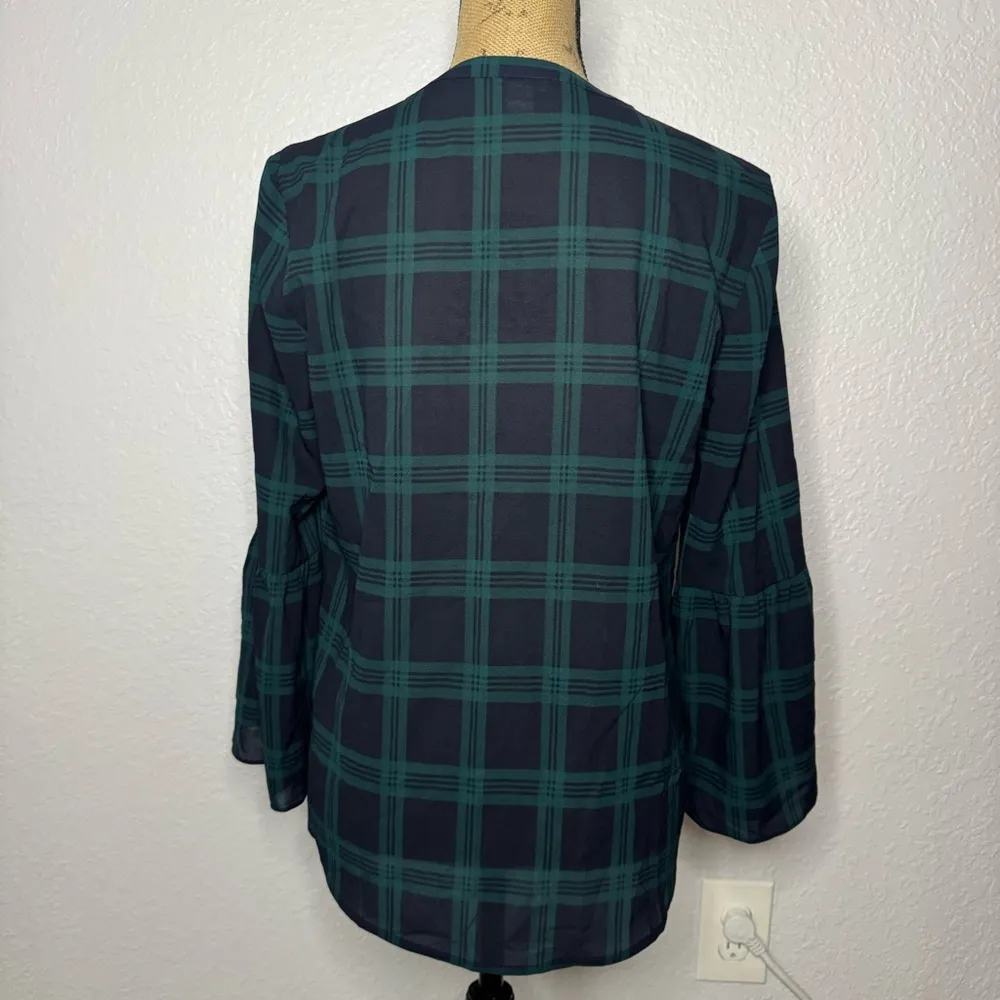 J. Crew Factory Green Navy Blue Tartan Plaid Bell Sleeve Popover Size S Preppy - Image 8