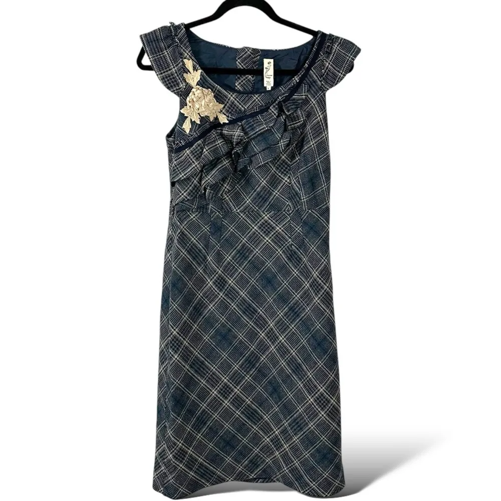 Anthropologie Floreat Tartan Plaid Wool Retro 50s Ruffle Floral Dress 2 Punk - Image 12