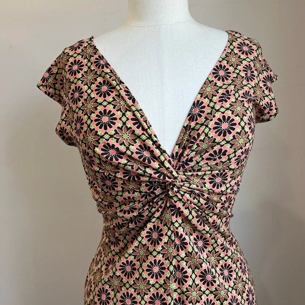 90s Lizzatti Poly Spandex Floral Printed Knot Front V Neck Short Dress Size 10 P Pink - Image 4