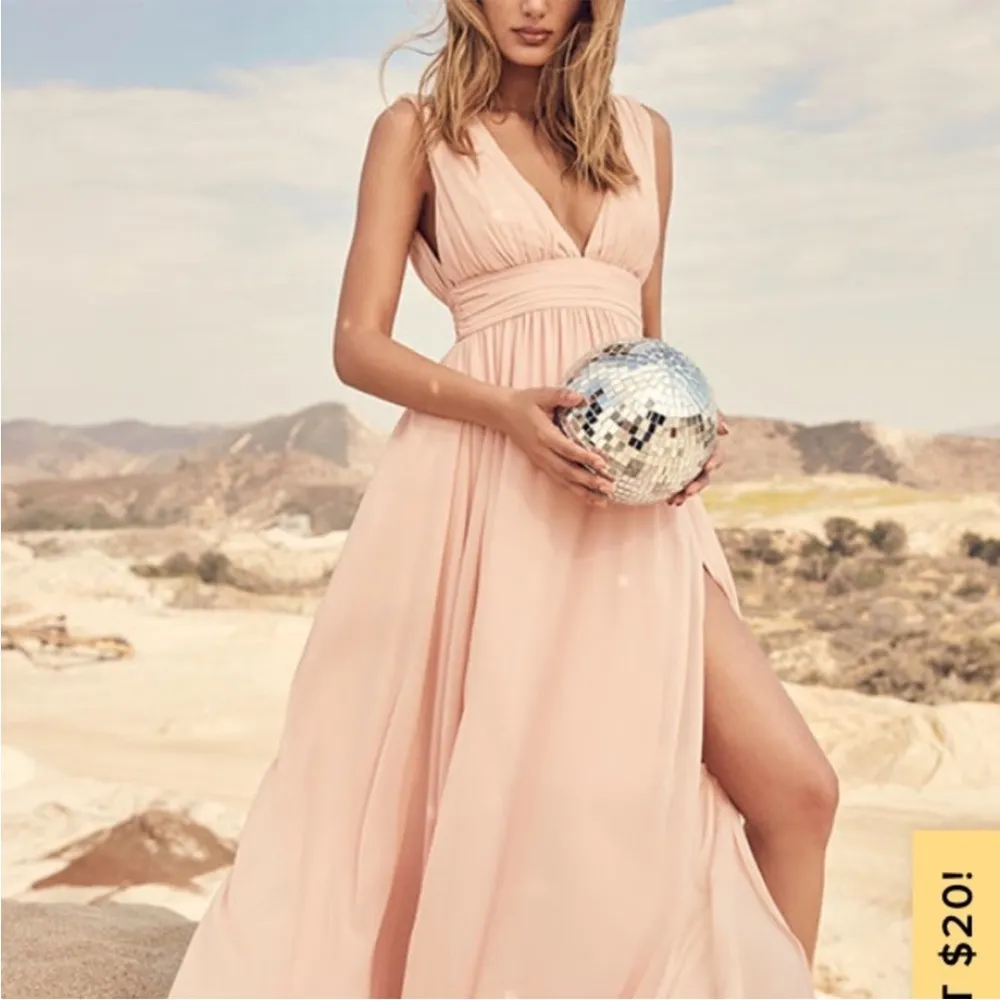 Womens New LuLus Heavenly Hues Deep V Neck High Slit Maxi Dress Blush Pi… - Image 4