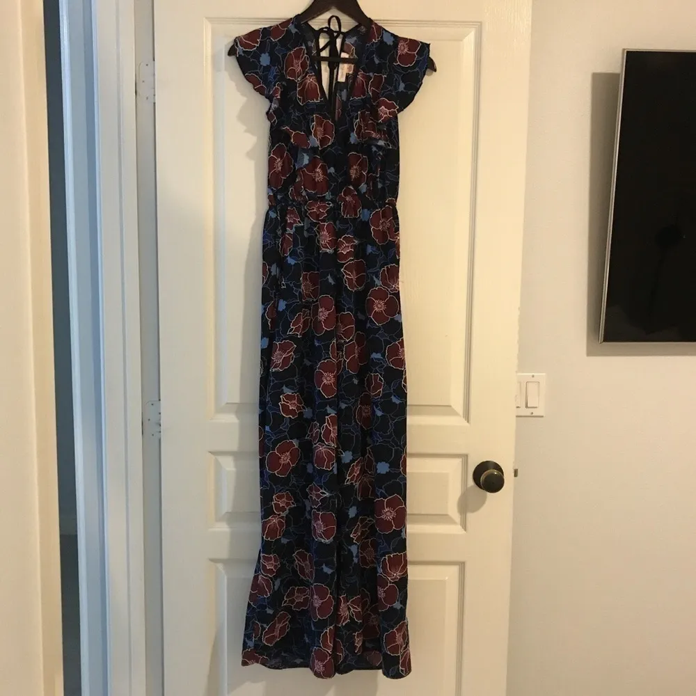 Band of gypsies floral Wide Leg jumpsuit Blue Ruffle Flutter Short Sleeve Sz XS - Image 2