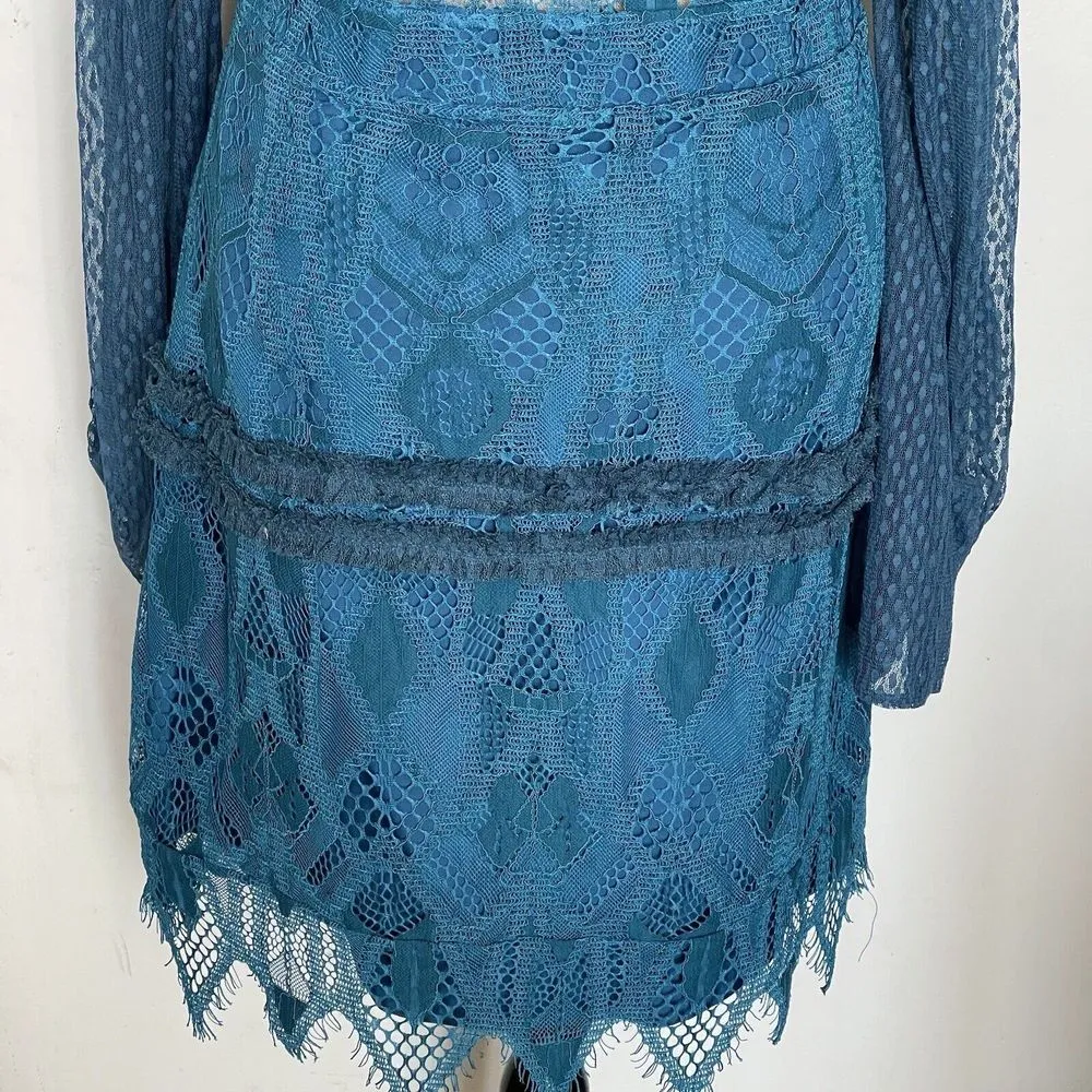 Foxiedox Womens Dress Size Medium Crochet Teal Blue Lace Gloria Bell Sleeve - Image 10