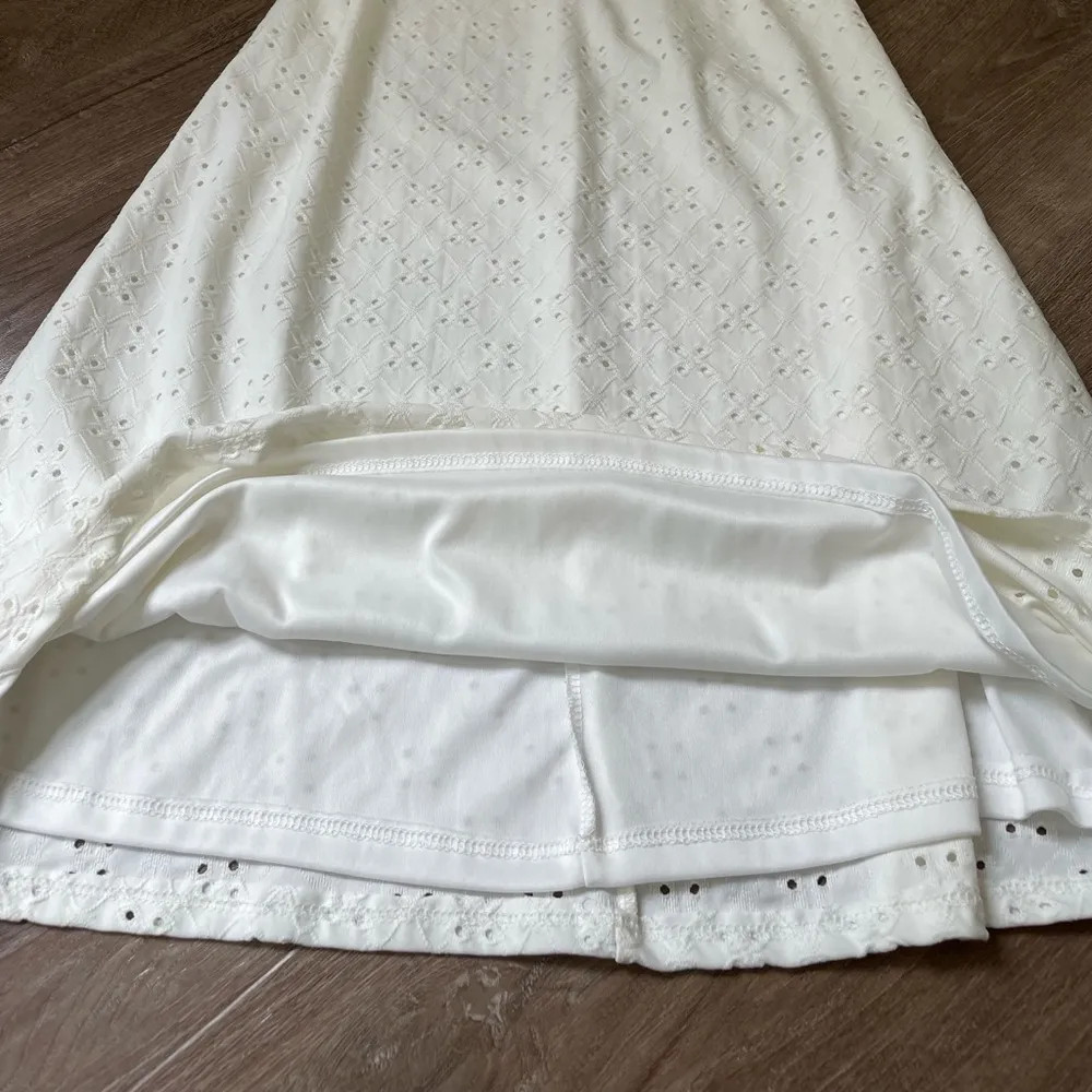French Atmosphere White Knit Eyelit Dress Short Length Sleeveless Y2K ~ Size S - Image 9