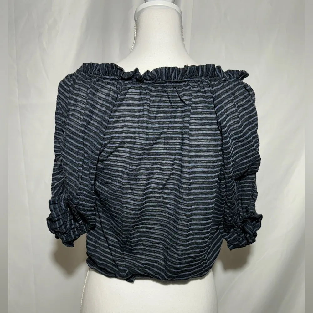 Free People Dorothy Striped Peasant Top Black Blue Drawstring Womens Medium - Image 6